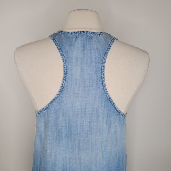 BELLA DAHL Blue Chambray Dress Size L Side-Stripe Racerback Flounce V-Neck - Picture 8 of 15